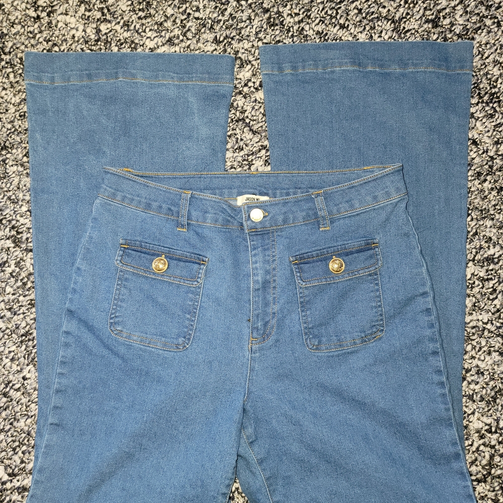 Jason Wu Denim Flare Jeans in Classic Blue with Gold Buttons
